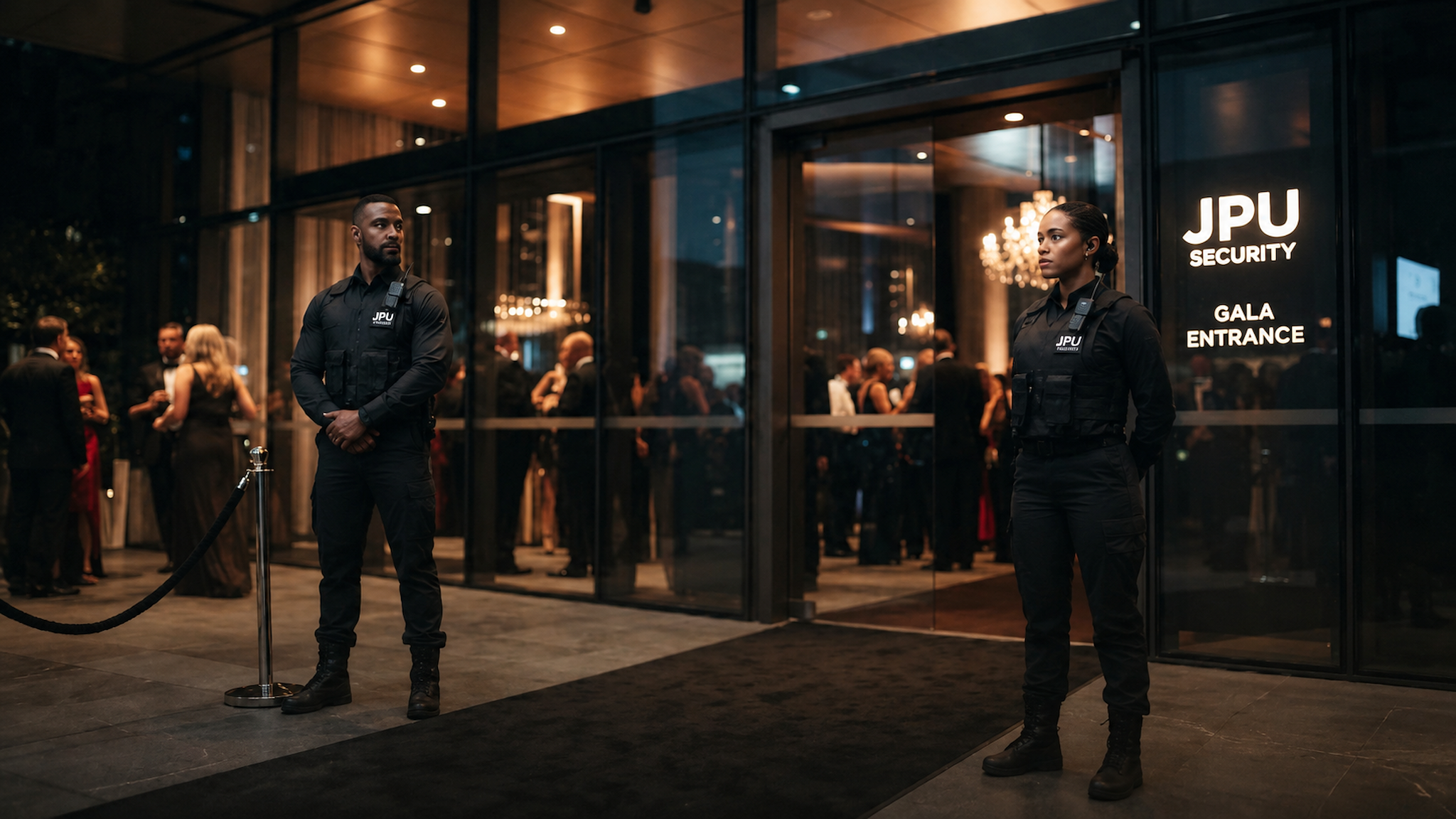 JPU security guards stationed at a gala entrance in formal tactical uniforms
